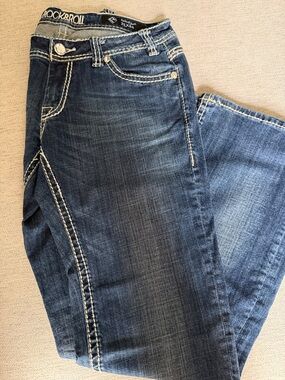 Rock & Roll Cowgirl Indigo Blue Bootcut Jeans with Contrast Stitching